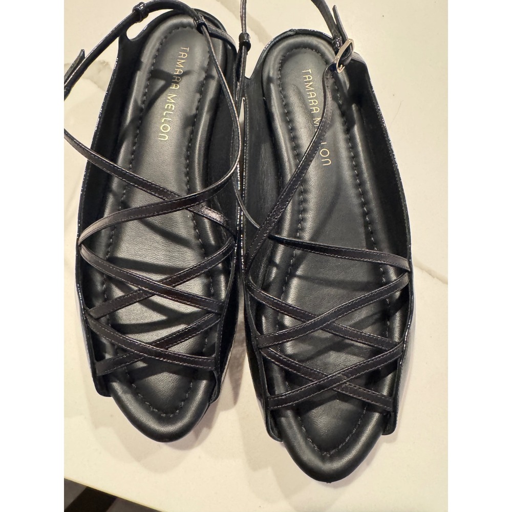 Tamara Mellon Black‎ Patent Leather Strappy Cage Flat Sandals Size 39.5 Italy